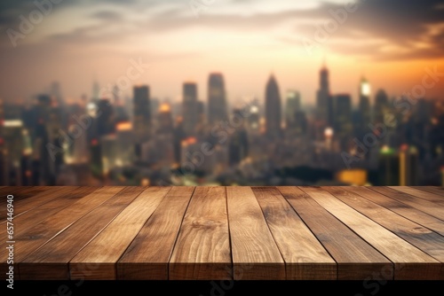 The empty wooden table top with blur background of cityscape. Exuberant image. generative AI © Summit Art Creations