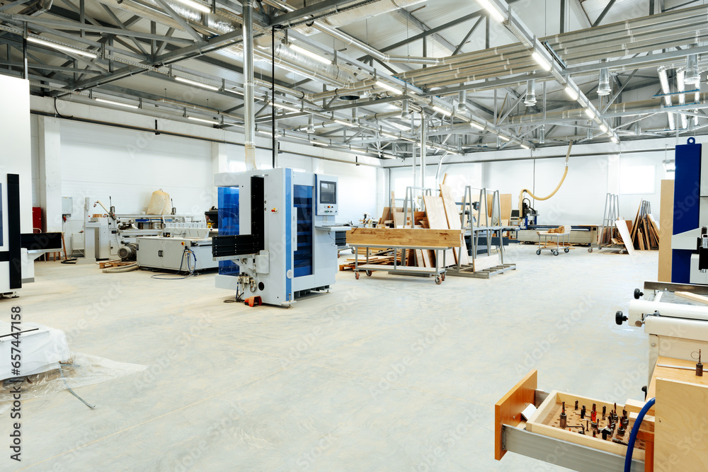 Interior of large workshop of contemporary furniture factory - obrazy, fototapety, plakaty 