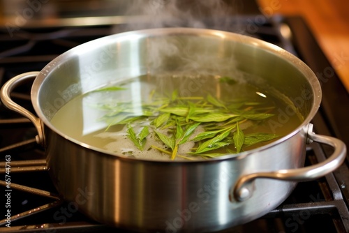 boiling broth for pho in a large stainless steel pot