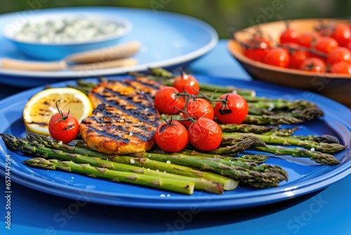grilled tomatoes and asparagus on a blue platter