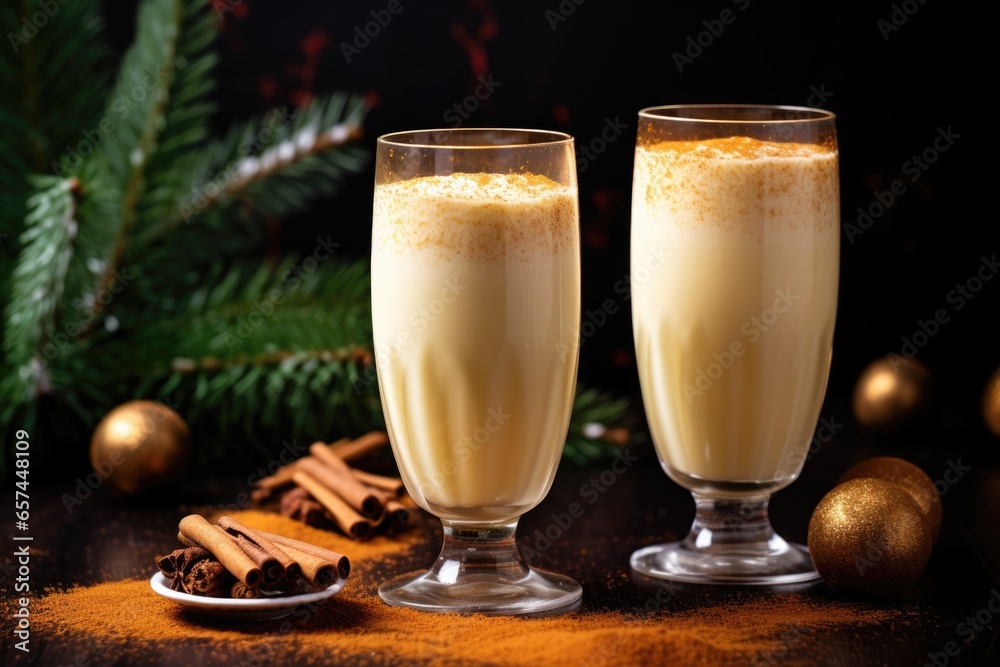 homemade eggnog in tall glasses beside nutmeg