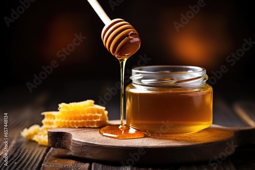 honey dipper dipping honey from a jar