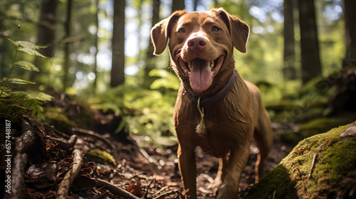 Joyful Dog Exploring a Wooded Area, Tongue Out