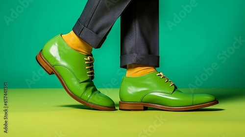 Man legs in green shoes with yellow socks on a green background.
