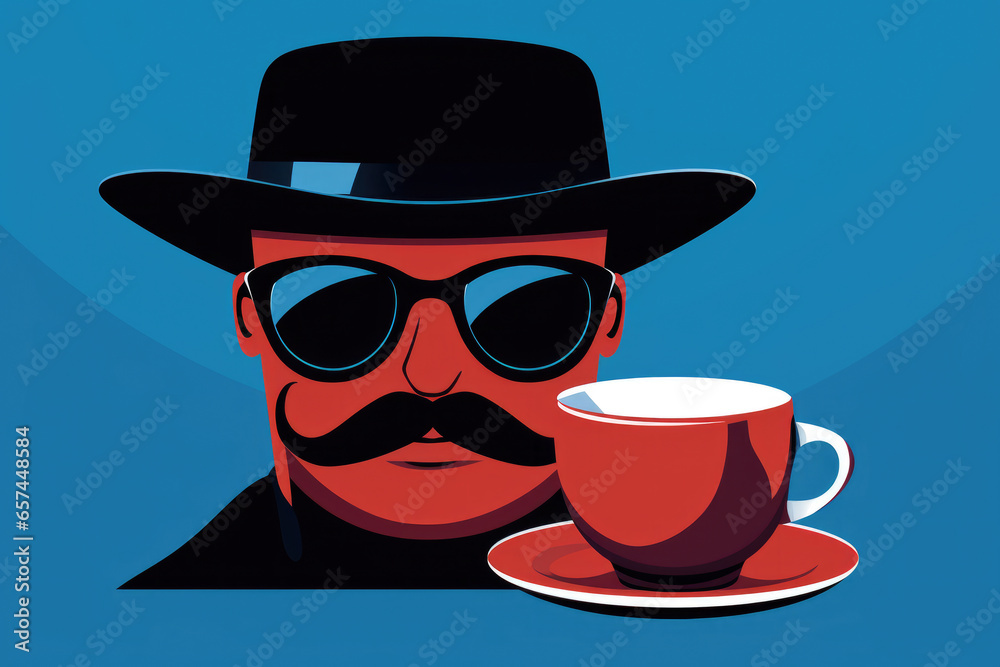 Man wearing hat and sunglasses holding cup of coffee. This image can be used to portray stylish and confident individual enjoying hot beverage.