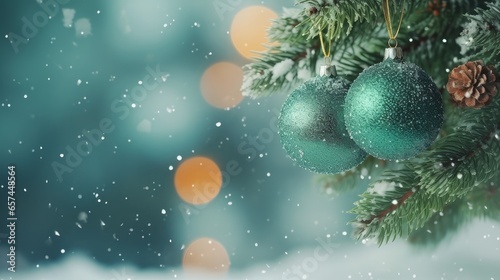 Green balls on fir branches, winter snowy background. festive winter season background, copy space.