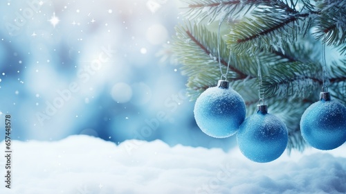 Blue balls on fir branches, winter snowy background. festive winter season background, copy space.