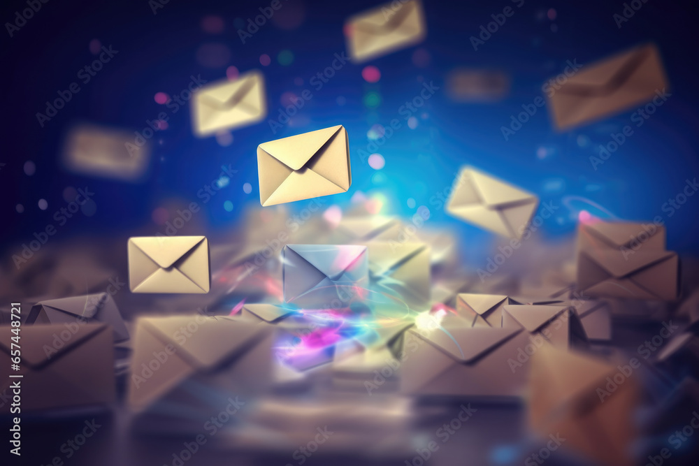 Dynamic image capturing bunch of envelopes gracefully soaring through air. Perfect for illustrating concepts related to communication, mail delivery, or excitement of receiving correspondence. - obrazy, fototapety, plakaty 