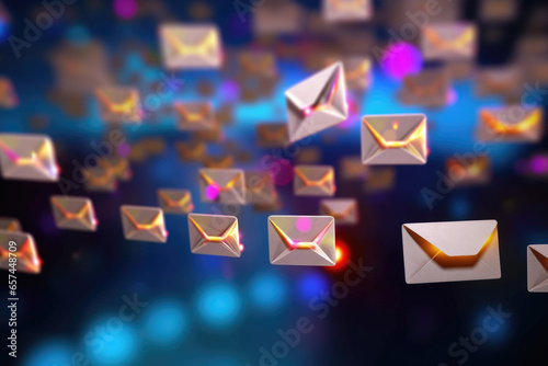 Multiple email envelopes soaring through air. Concept of digital communication and fast-paced nature of modern technology. Suitable for use in blogs, websites, and marketing materials. photo