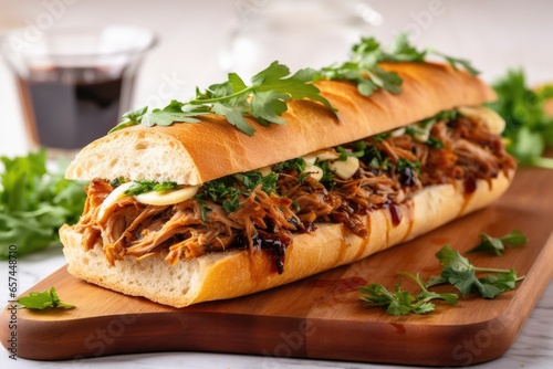 pulled pork sandwich on ciabatta bread garnished with parsley