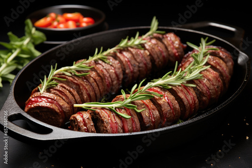Pan filled with meat and vegetables is placed on top of table. This versatile image can be used to depict cooking, meal preparation, healthy eating, and home cooking.