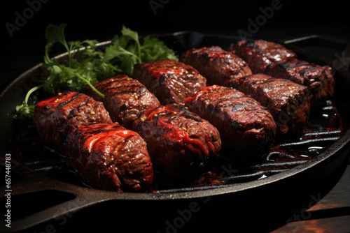 Mouthwatering image of meat covered in savory sauce, cooked to perfection in cast iron skillet. This versatile picture can be used in various food-related projects.