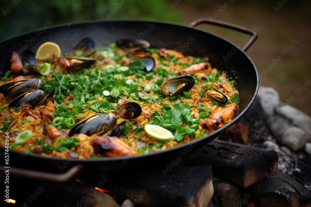 paella with rabbit, snails, and wild garlic