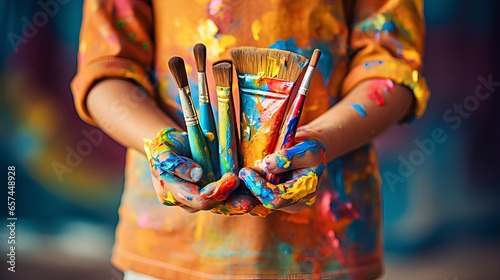 Children's hands holding an artistic paintbrush. Mixed colors. Create AI Generated.