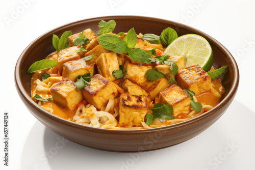 Delicious brown bowl filled with tofu and noodles. Perfect for healthy and satisfying meal. Suitable for food blogs, recipe websites, and restaurant menus.