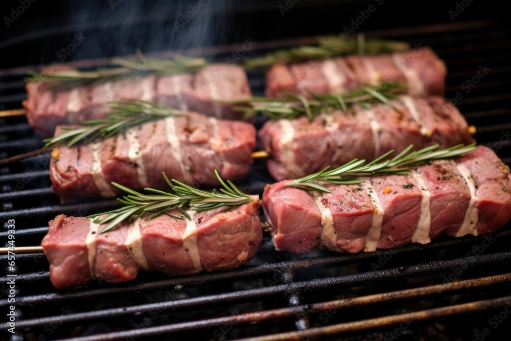 adding fresh rosemary sprigs to grilling lamb