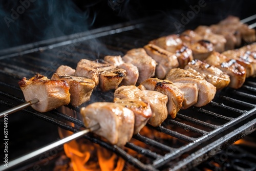 flipping marinated pork skewers with tongs on a grill