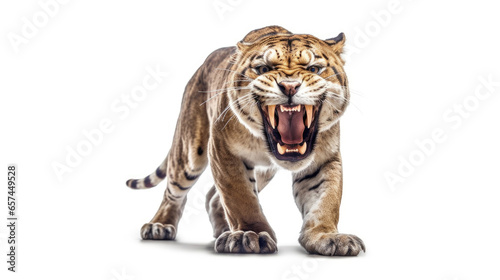 a Sabertooth tiger smilodon on a white background. Generative Ai photo