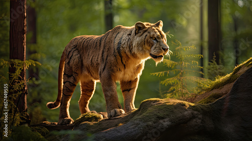 a Sabertooth tiger smilodon standing on a rock in the forest. Generative Ai