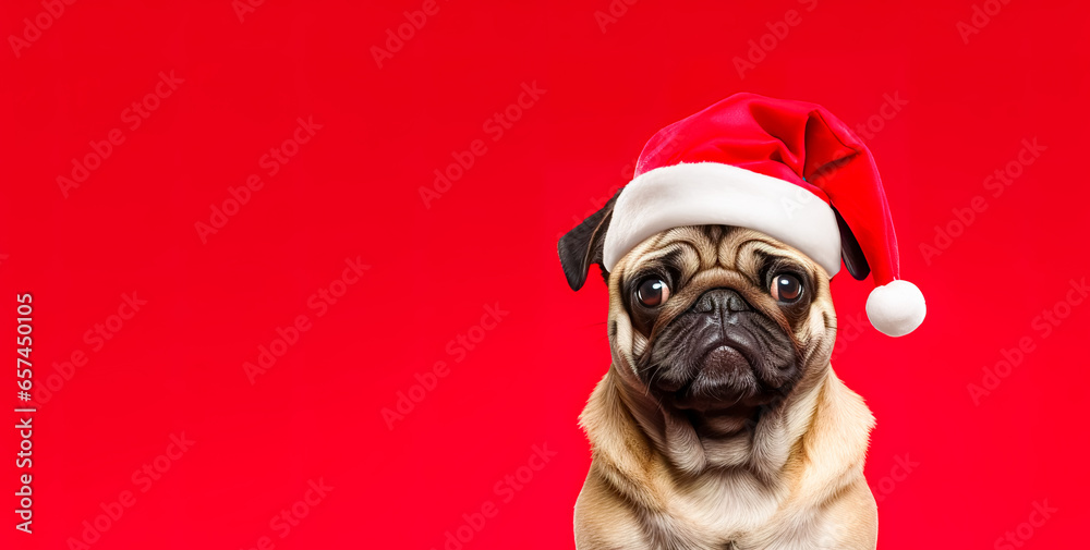 Cute young puppy wearing Christmas Santa Claus hat.