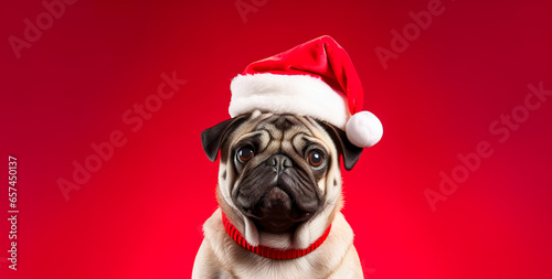 Cute young puppy wearing Christmas Santa Claus hat. © waichi2013th