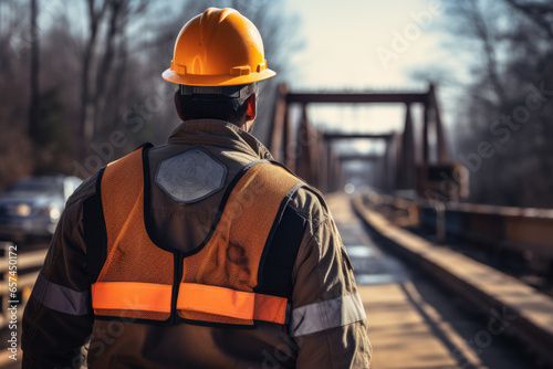 Picture of man wearing safety vest and hard hat. This image can be used to depict construction, safety regulations, or workplace safety.