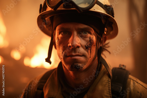 Man wearing firefighter's helmet and goggles, ready to tackle any emergency. This image can be used to depict bravery, emergency response, or safety precautions.