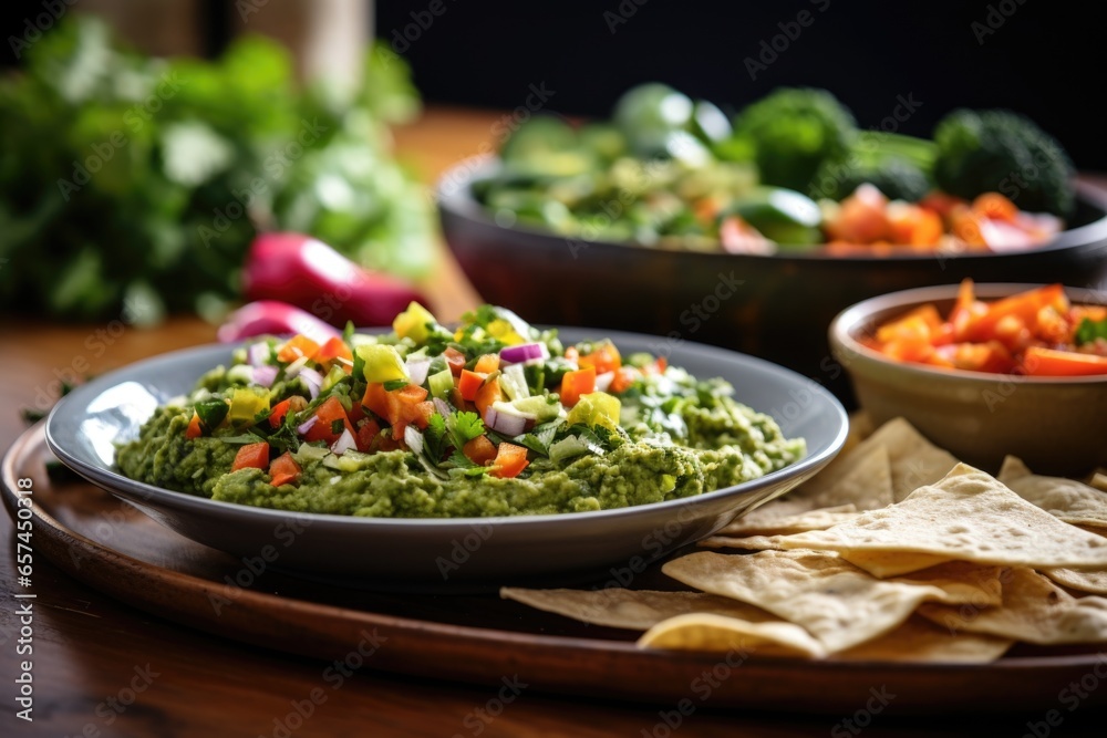 homemade guacamole with nachos on a serving plate homemade guacamole with nachos on a serving plate