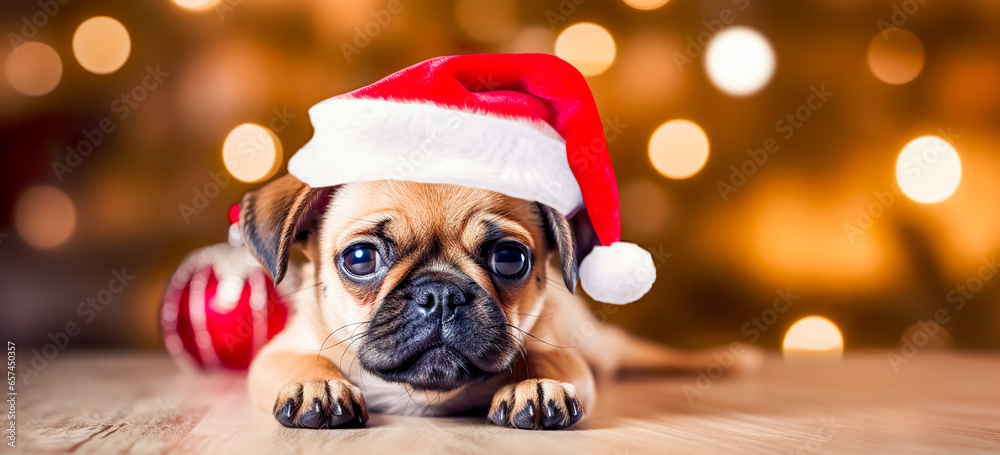 Cute young puppy wearing Christmas Santa Claus hat. Cute young puppy wearing Christmas Santa Claus hat.