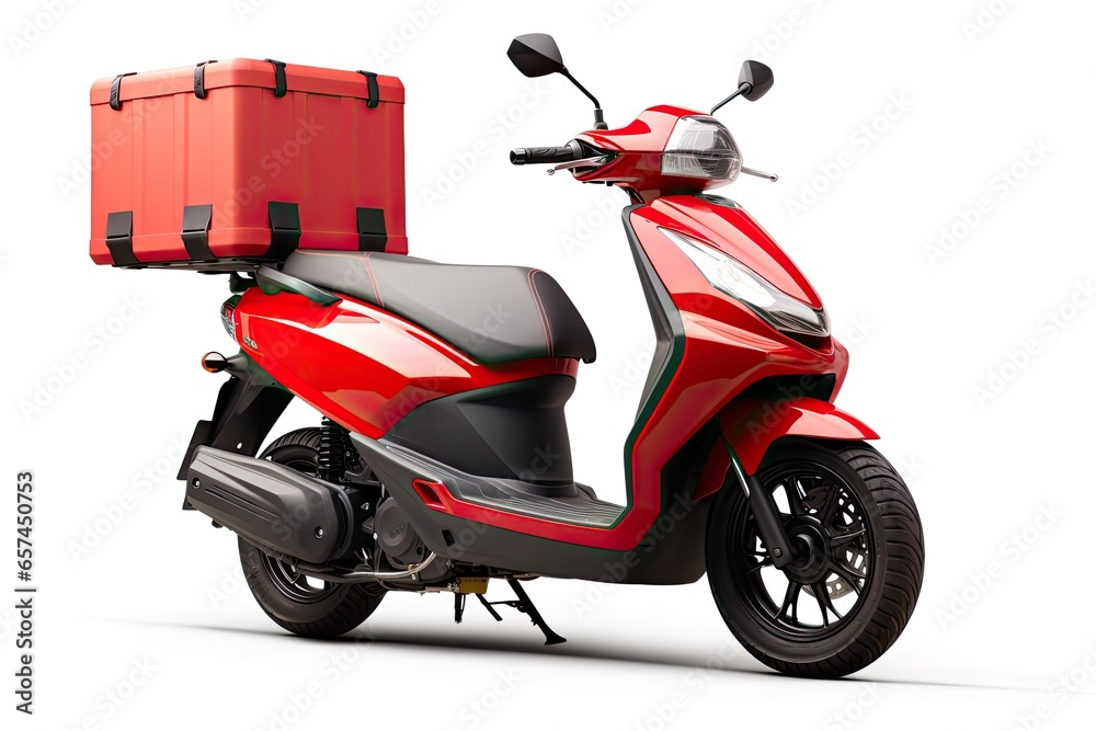 red scooter with a box isolated on white background. motorcycle delivery