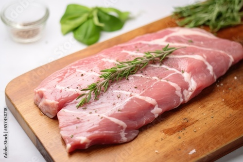 raw pork loin topped with fresh herbs before grilling