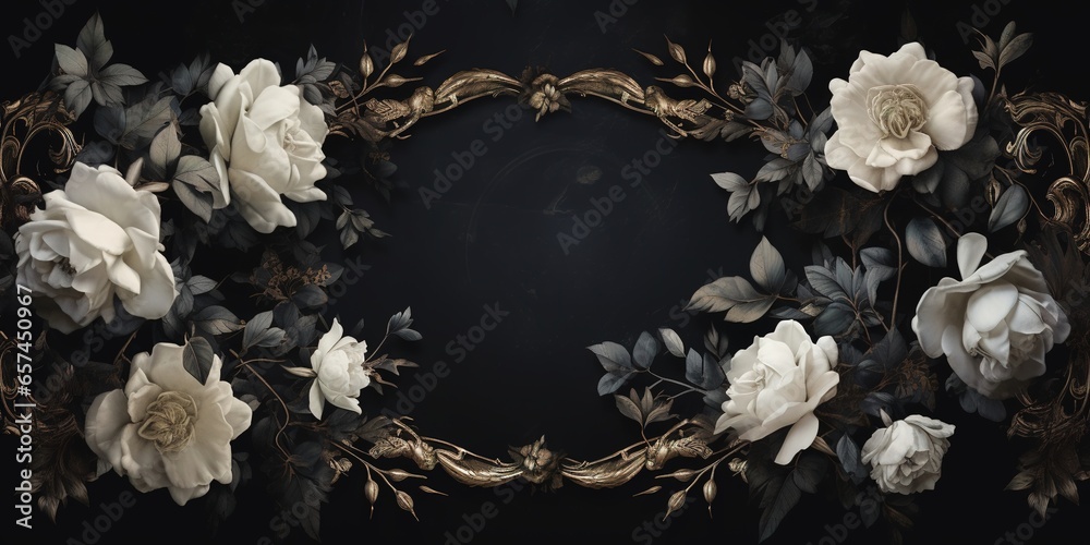 Generative AI, vintage frame with white flowers, futuristic victorian, black background