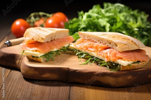 gourmet smoked salmon sandwich on an olive wood board