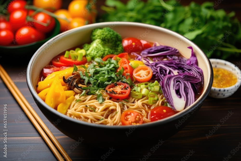 a bowl of vegan ramen with colorful vegetables a bowl of vegan ramen with colorful vegetables