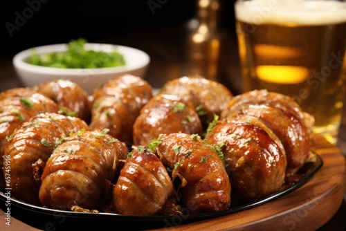 close-up of sausages with glistening beer and onion glaze