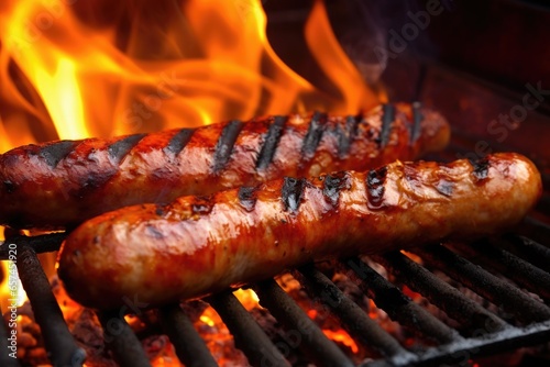 cooking bratwurst on a red hot barbecue