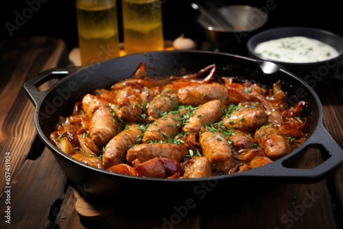 sausages in a cast iron skillet with beer and onion mix simmering around