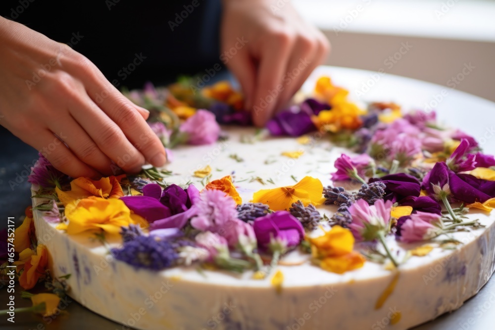 pressing edible flowers onto the top of a raw vegan cake for decoration pressing edible flowers onto the top of a raw vegan cake for decoration