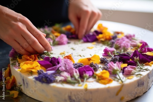 pressing edible flowers onto the top of a raw vegan cake for decoration