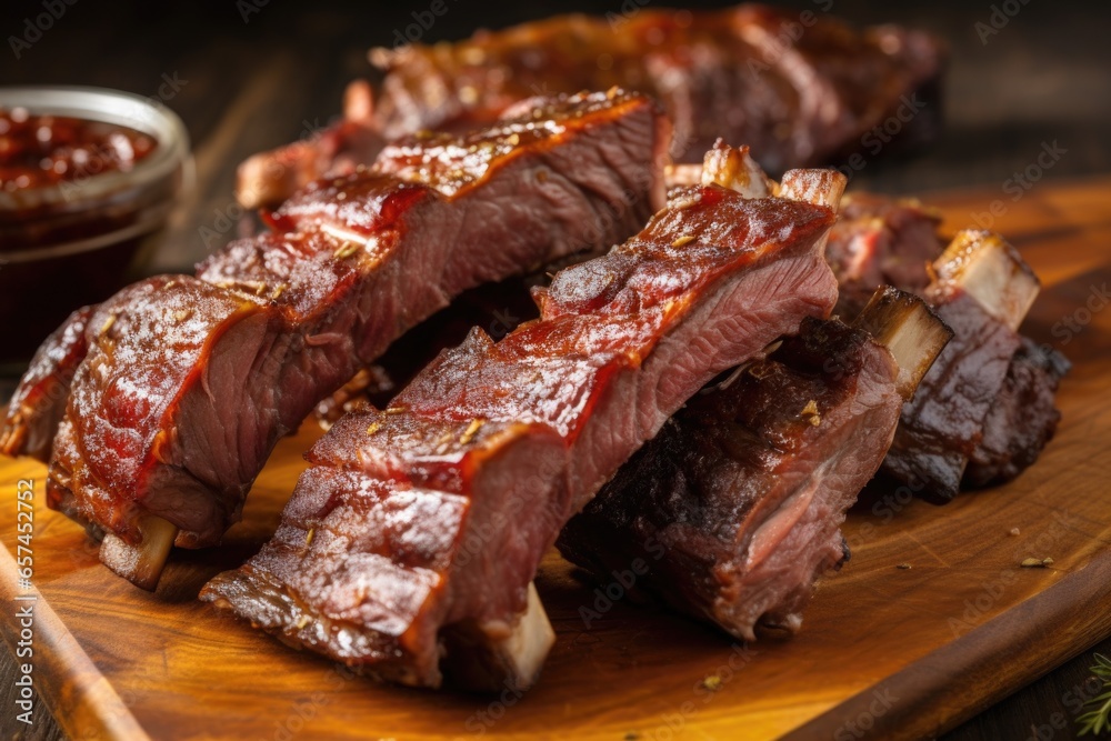 close shot of ribs cut into individual portions close shot of ribs cut into individual portions