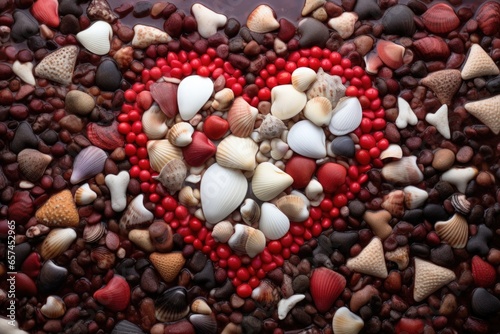 sea shells collected in a heart-shaped sand moat