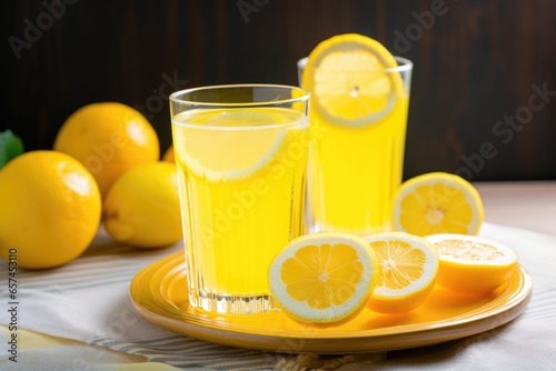 lemon slices fanned out next to a filled glass