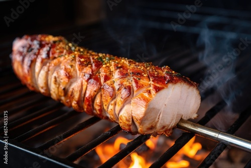 pork loin being rotated over an open flame grill