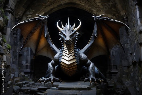 highly detais dragon in the big cave, formidable Kylemore Abbey, dark cave photo