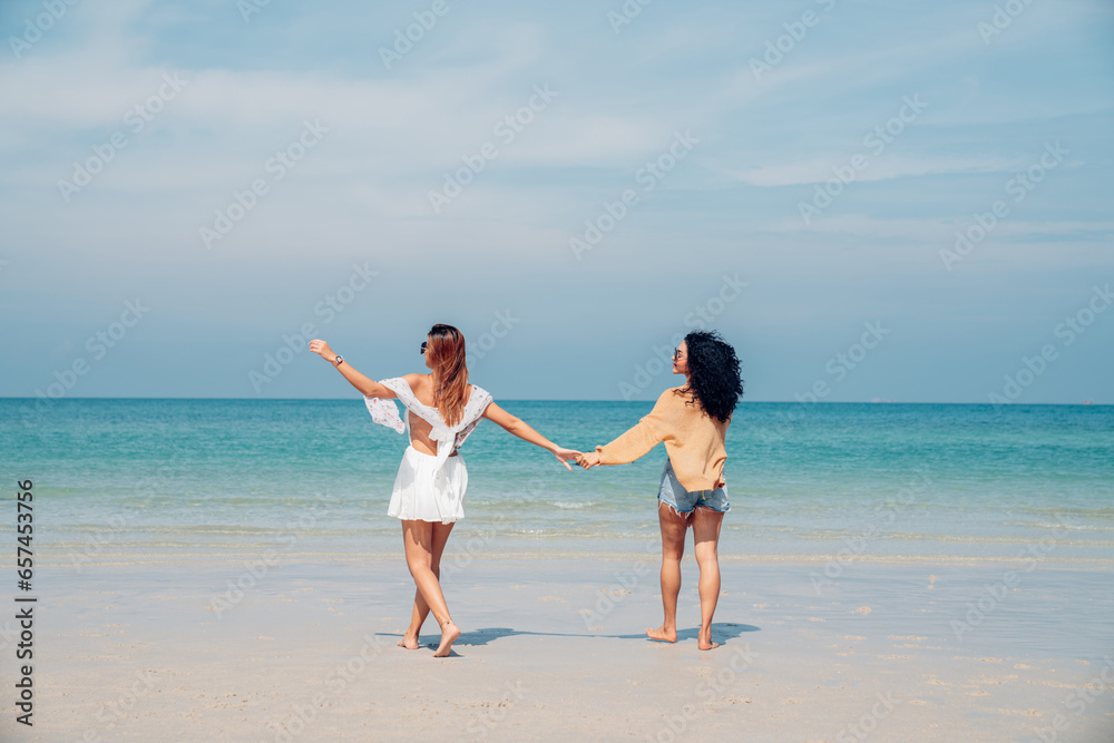 Happy couple woman in bikini walking and playing together on the beach having fun in a sunny day, Beach summer holiday sea people concept. Happy couple woman in bikini walking and playing together on the beach having fun in a sunny day, Beach summer holiday sea people concept.
