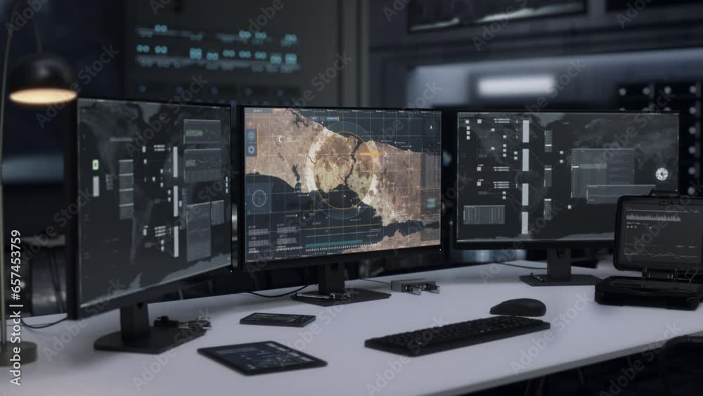 Future radar software searching for the location of criminals on a map. Future radar program analysing the area to identify target location. Future radar detects the location of runaway convicts.