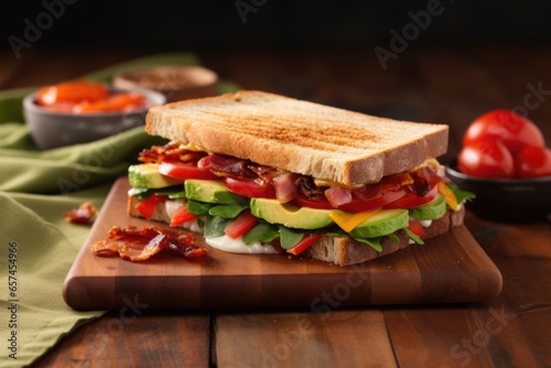 sandwich with bacon, tomatoes, and avocado on a stone board