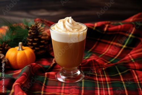 gingerbread latte by a plaid cloth on a wooden table