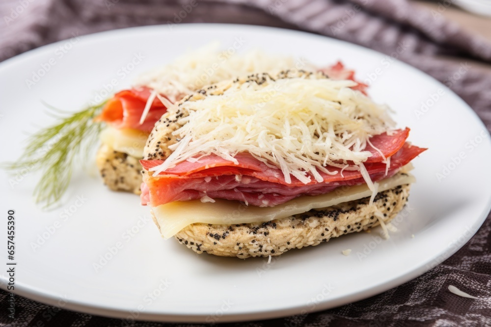 sandwich with sauerkraut, salami and provolone on a white plate sandwich with sauerkraut, salami and provolone on a white plate