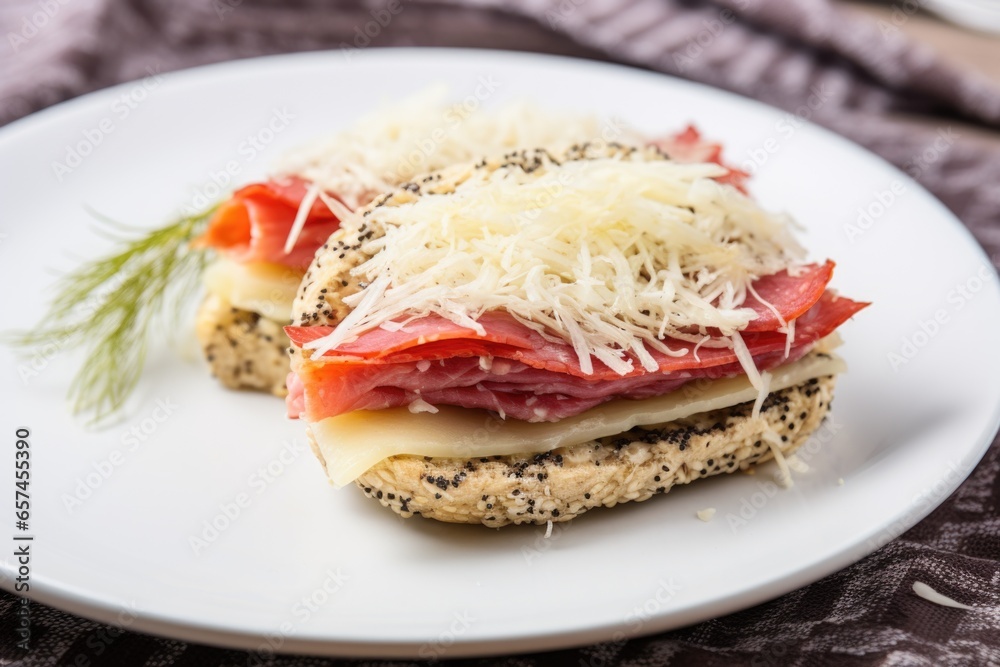 sandwich with sauerkraut, salami and provolone on a white plate